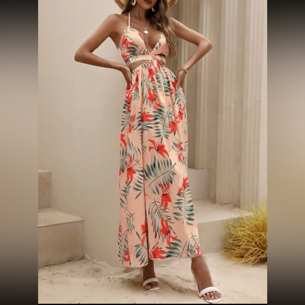 Tropical Print Slit Thigh Maxi Dress